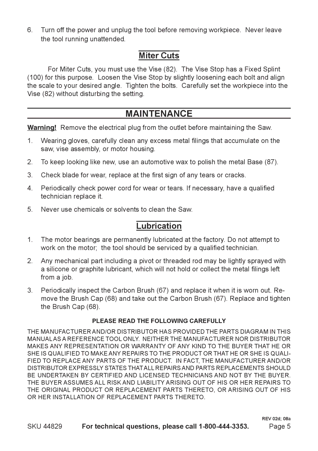 Chicago Electric 44829 operating instructions Maintenance, Miter Cuts, Lubrication 