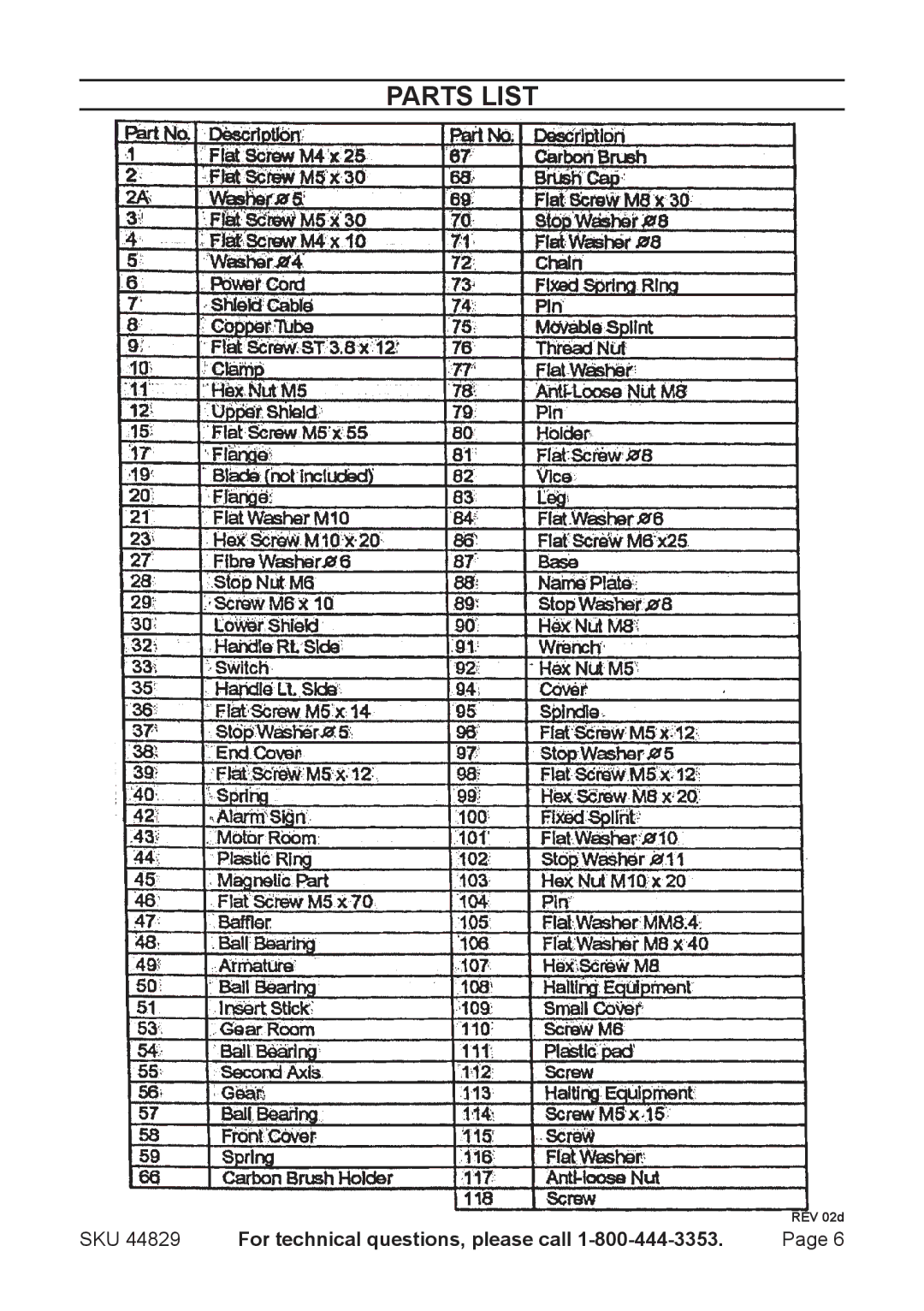 Chicago Electric 44829 operating instructions Parts List 