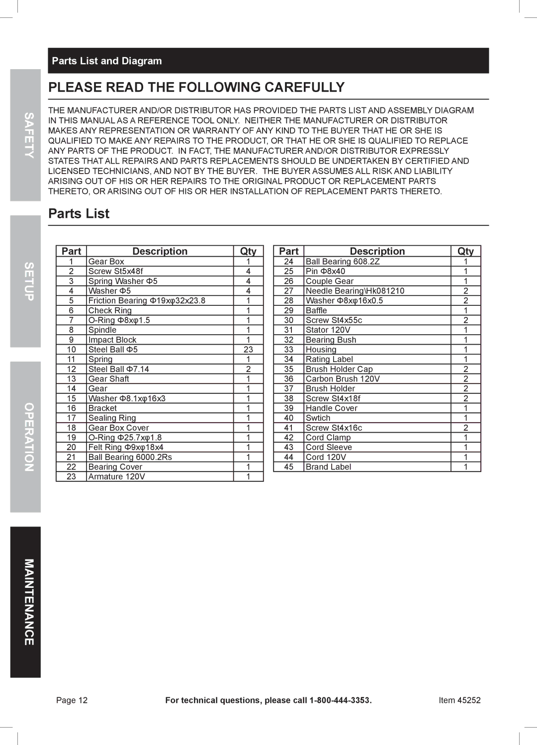 Chicago Electric 45252 manual Parts List and Diagram 