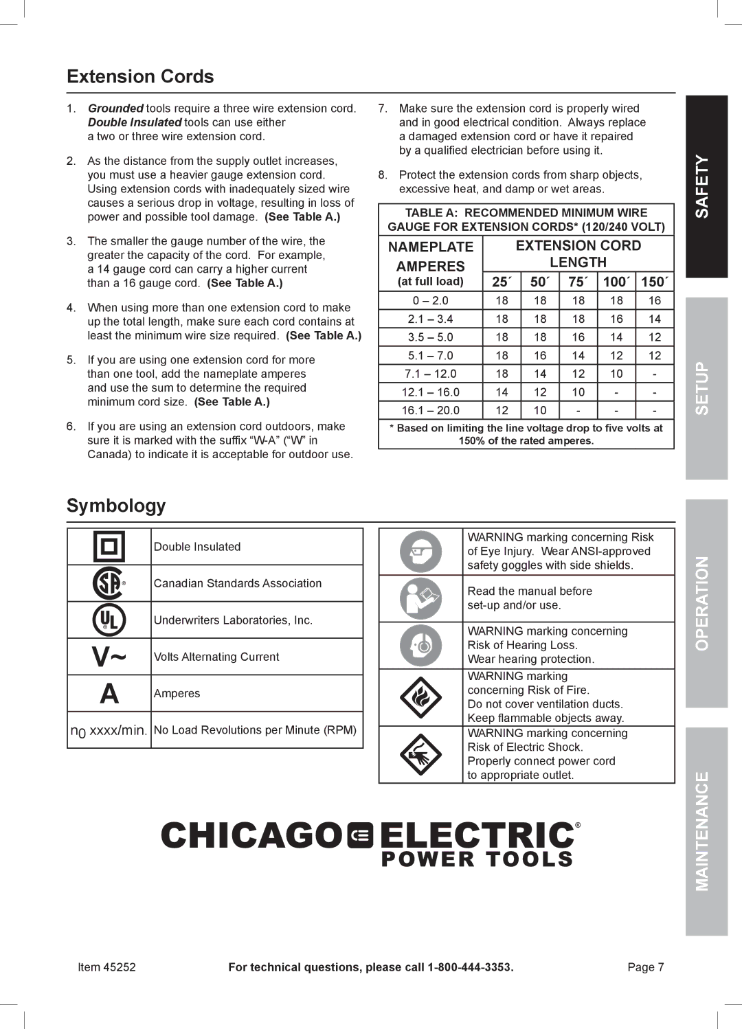 Chicago Electric 45252 manual Extension Cords, Symbology, Safety Setup, Operation Maintenance 