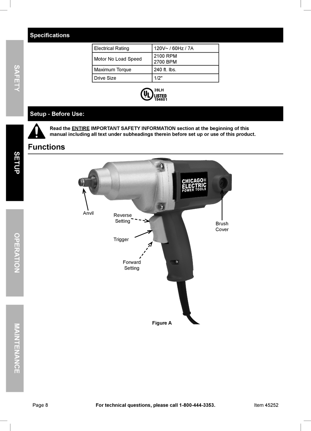 Chicago Electric 45252 manual Functions, Setup No rati Ope Maintenan, Specifications, Setup Before Use 