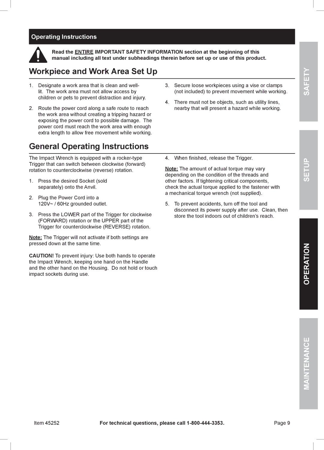 Chicago Electric 45252 Workpiece and Work Area Set Up, General Operating Instructions, Safety, Setup Operation Maintenance 