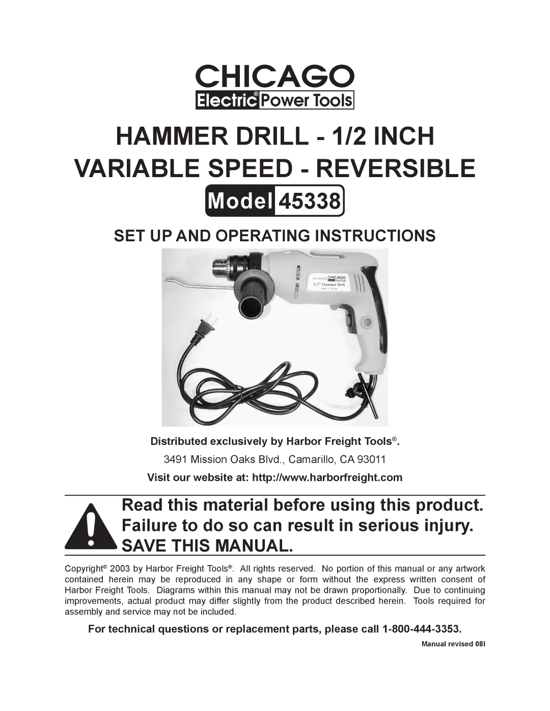 Chicago Electric 45338 operating instructions Distributed exclusively by Harbor Freight Tools 