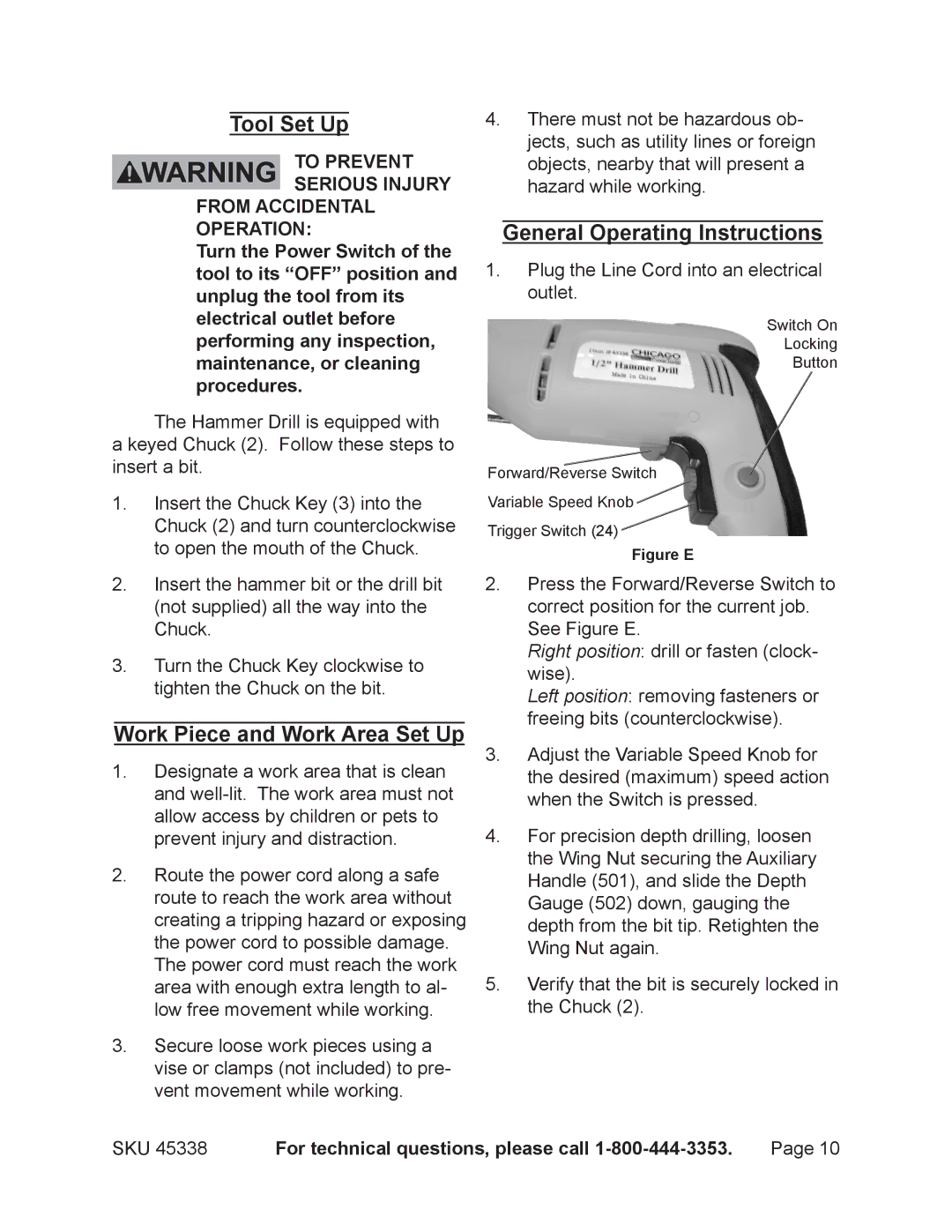 Chicago Electric 45338 operating instructions Tool Set Up, Work Piece and Work Area Set Up, General Operating Instructions 