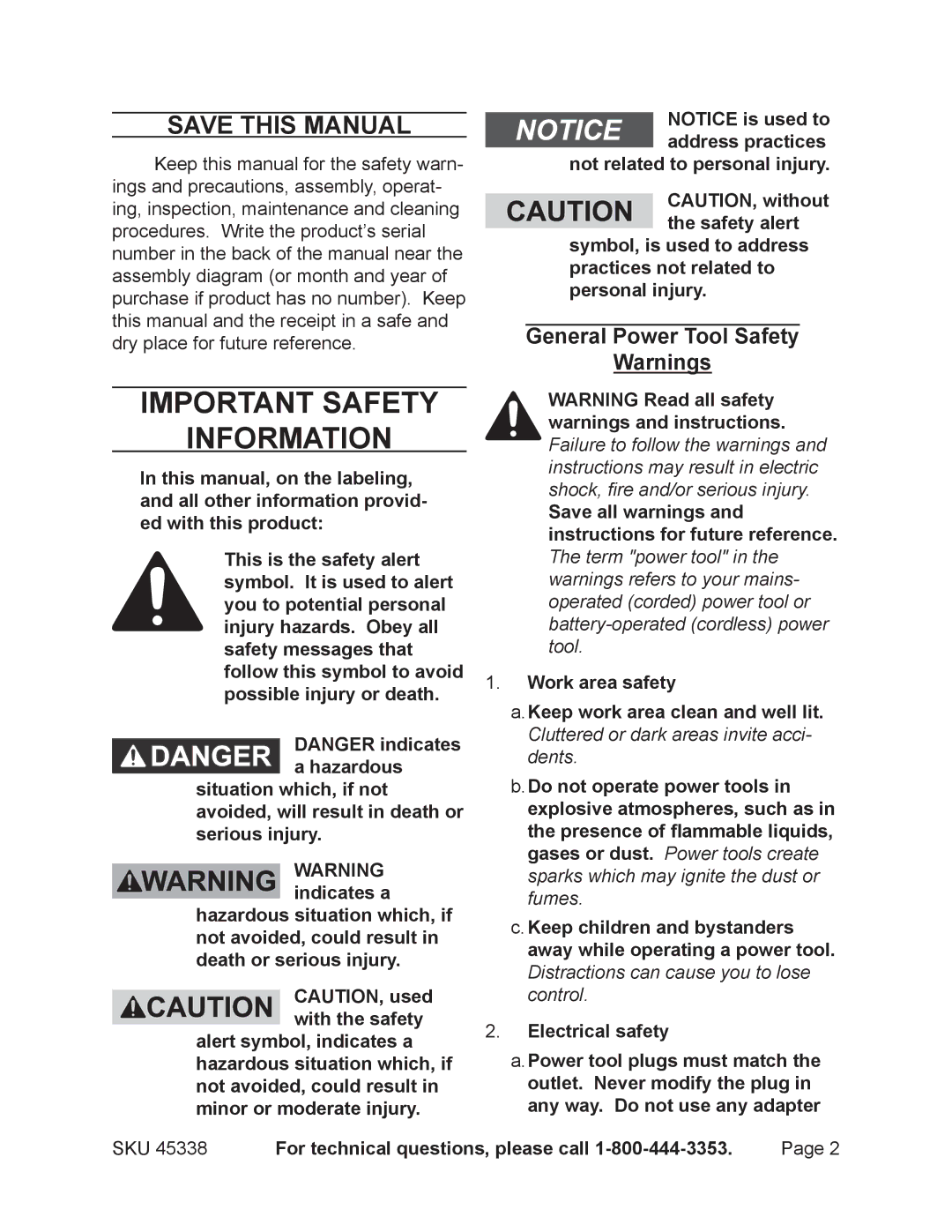 Chicago Electric 45338 Save This Manual, General Power Tool Safety, For technical questions, please call 