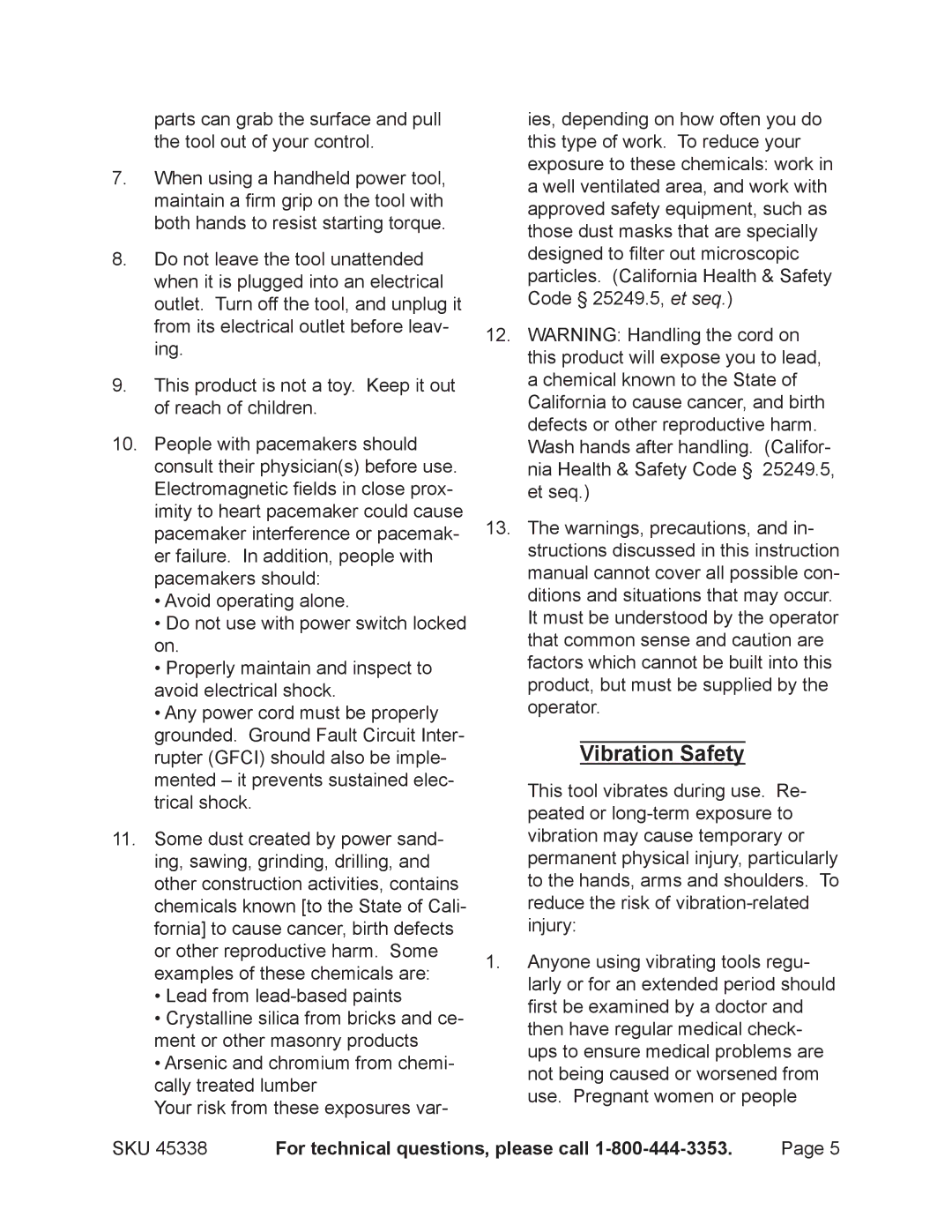 Chicago Electric 45338 operating instructions Vibration Safety 