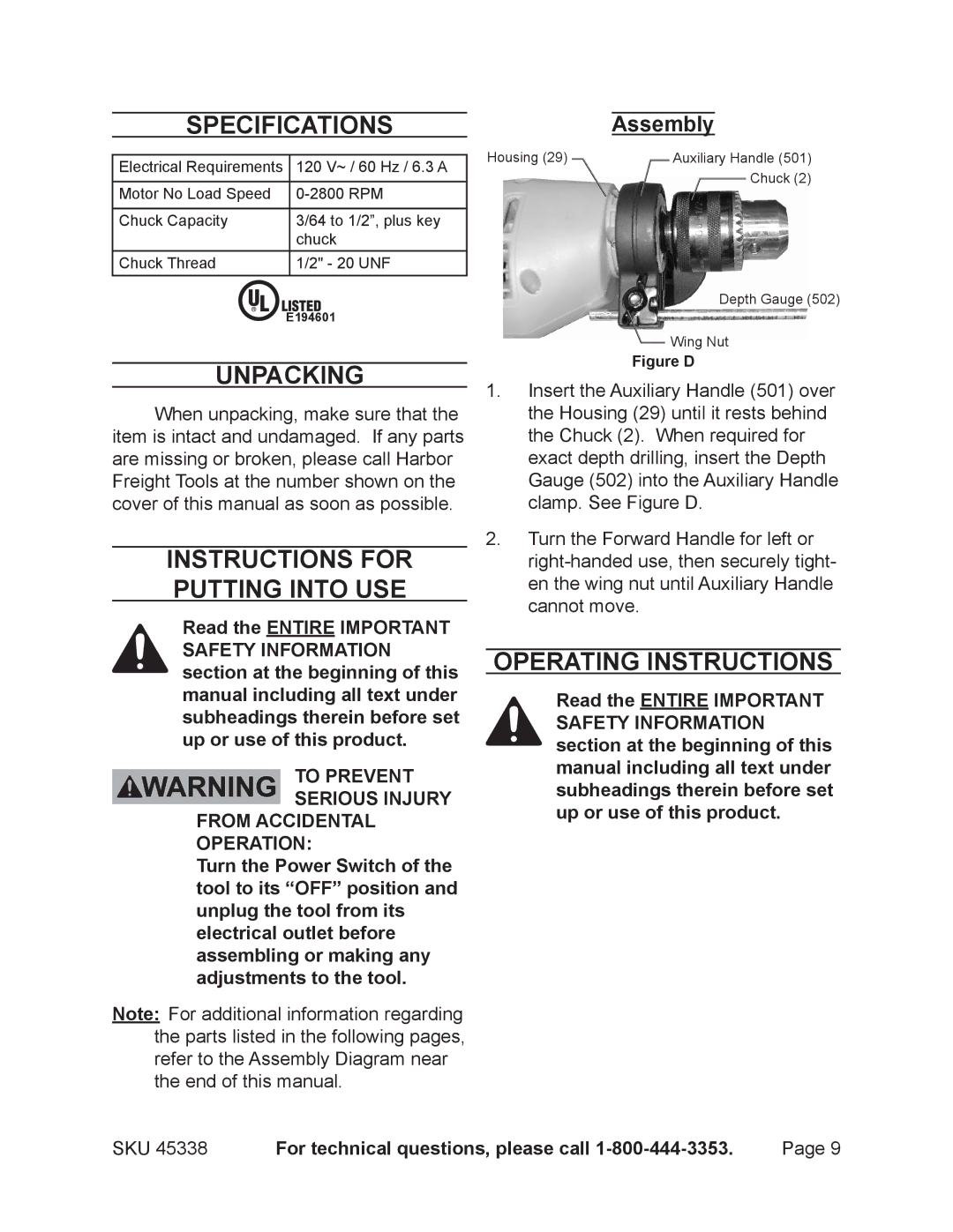 Chicago Electric 45338 SpecificationsAssembly, Unpacking, Instructions for putting into use, Operating Instructions 