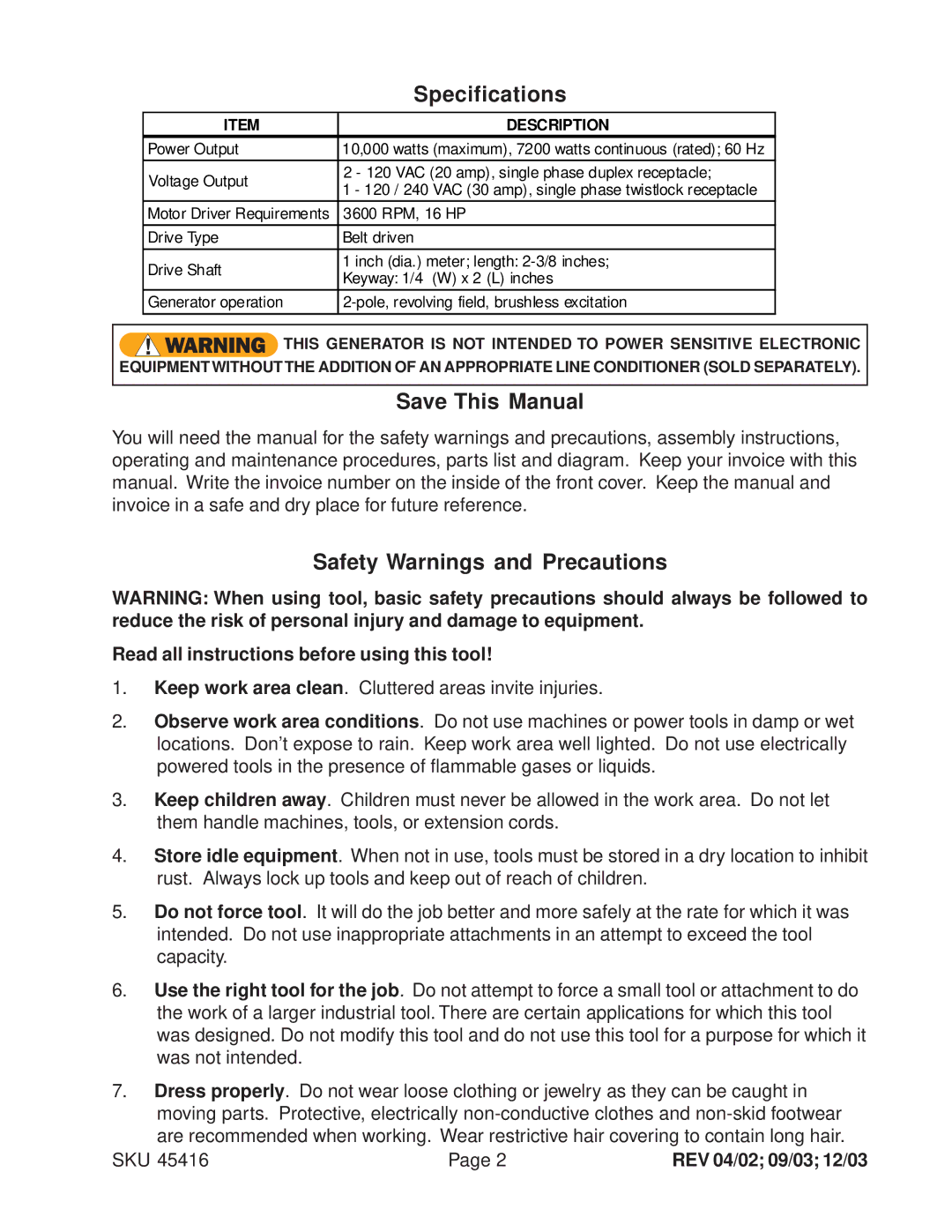 Chicago Electric 45416 operating instructions Specifications, Save This Manual, Safety Warnings and Precautions 