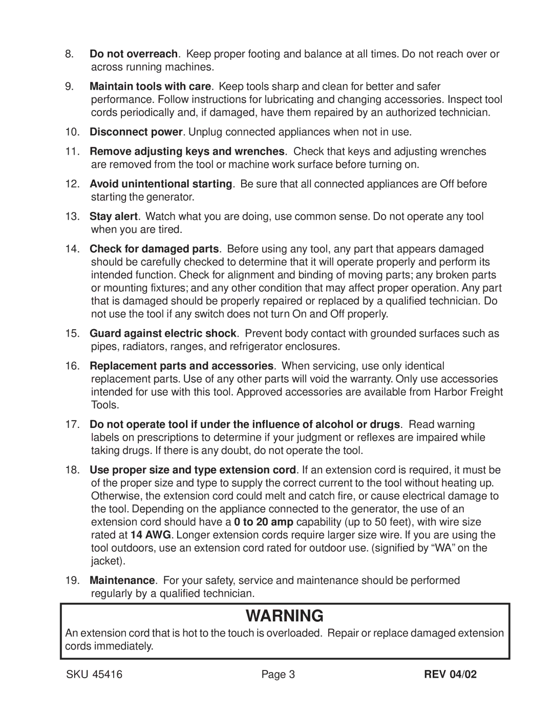 Chicago Electric 45416 operating instructions REV 04/02 