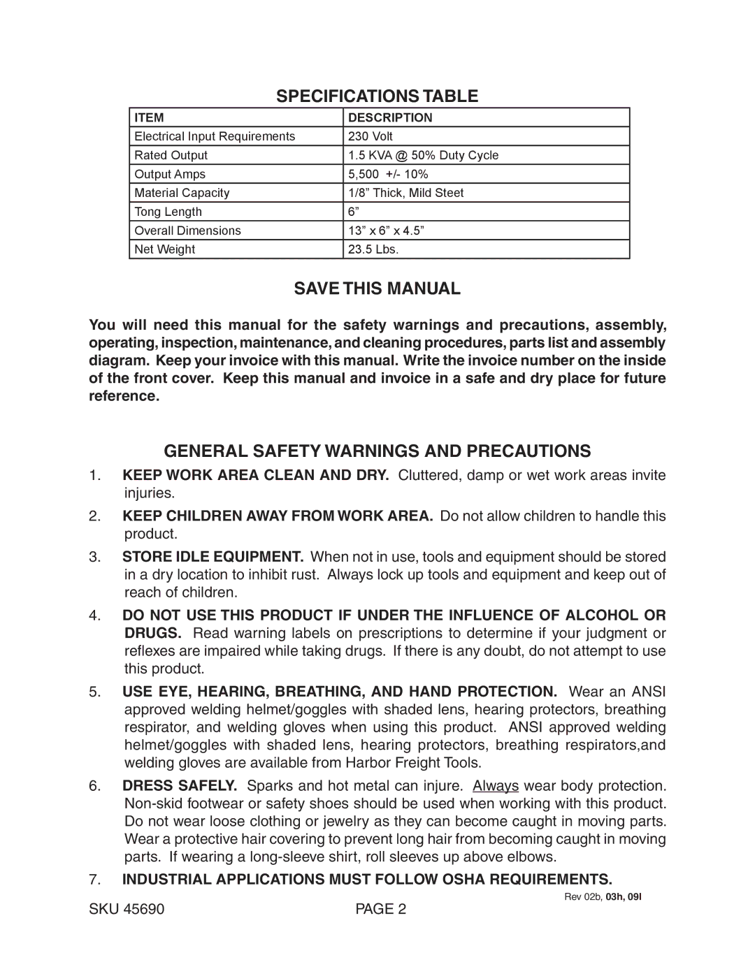 Chicago Electric 45690 Specifications Table, Save this Manual, General Safety Warnings and Precautions 