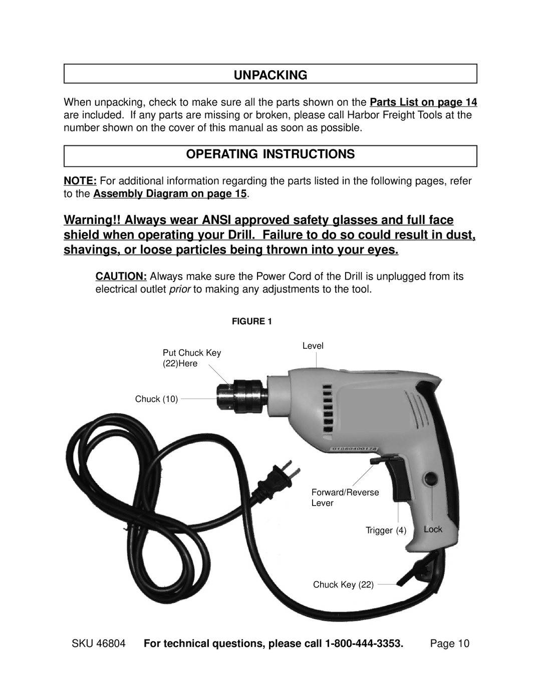 Chicago Electric 46804 operating instructions Unpacking, Operating Instructions 