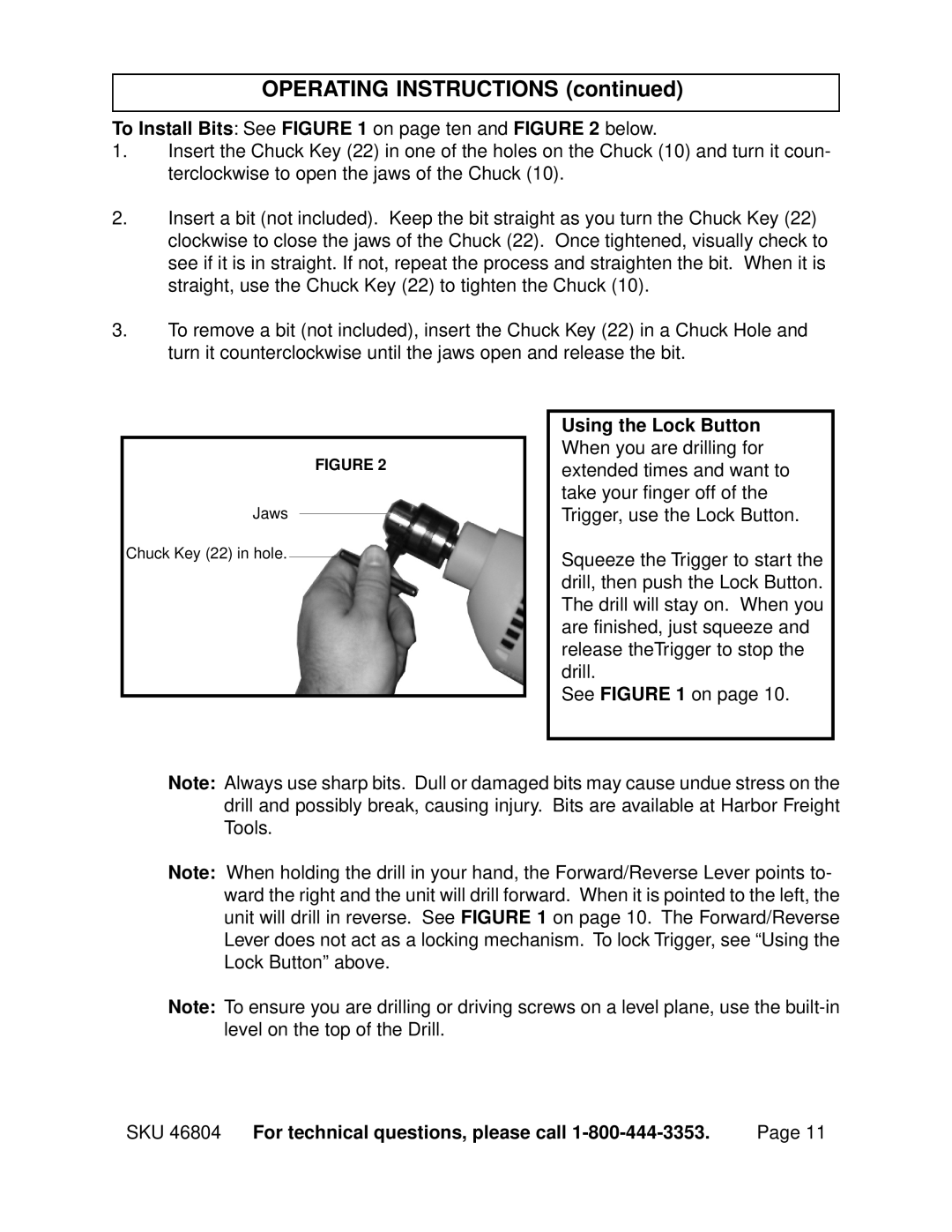 Chicago Electric 46804 operating instructions Operating Instructions, To Install Bits See on page ten and below 