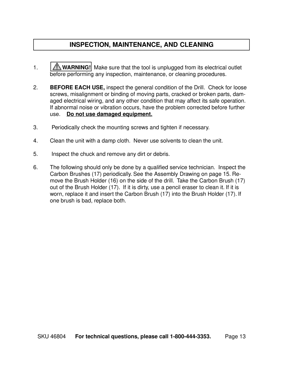 Chicago Electric 46804 operating instructions INSPECTION, MAINTENANCE, and Cleaning 