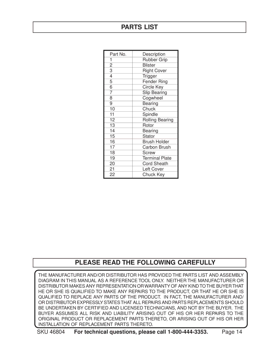 Chicago Electric 46804 operating instructions Parts List, Please Read the Following Carefully 