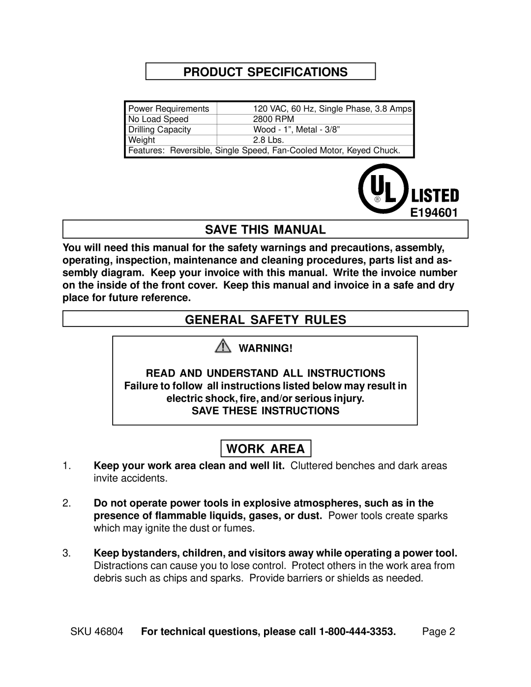 Chicago Electric 46804 operating instructions Product Specifications, Save this Manual, General Safety Rules, Work Area 