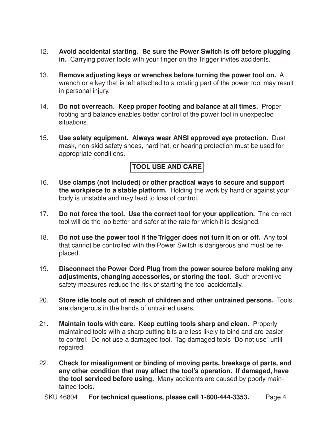 Chicago Electric 46804 operating instructions Tool USE and Care 