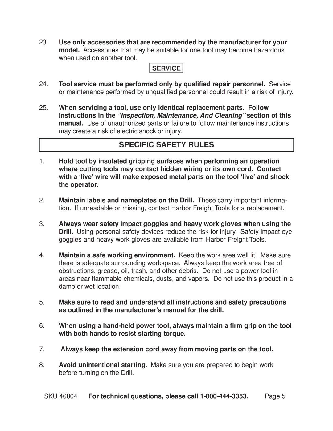 Chicago Electric 46804 operating instructions Specific Safety Rules, Service 