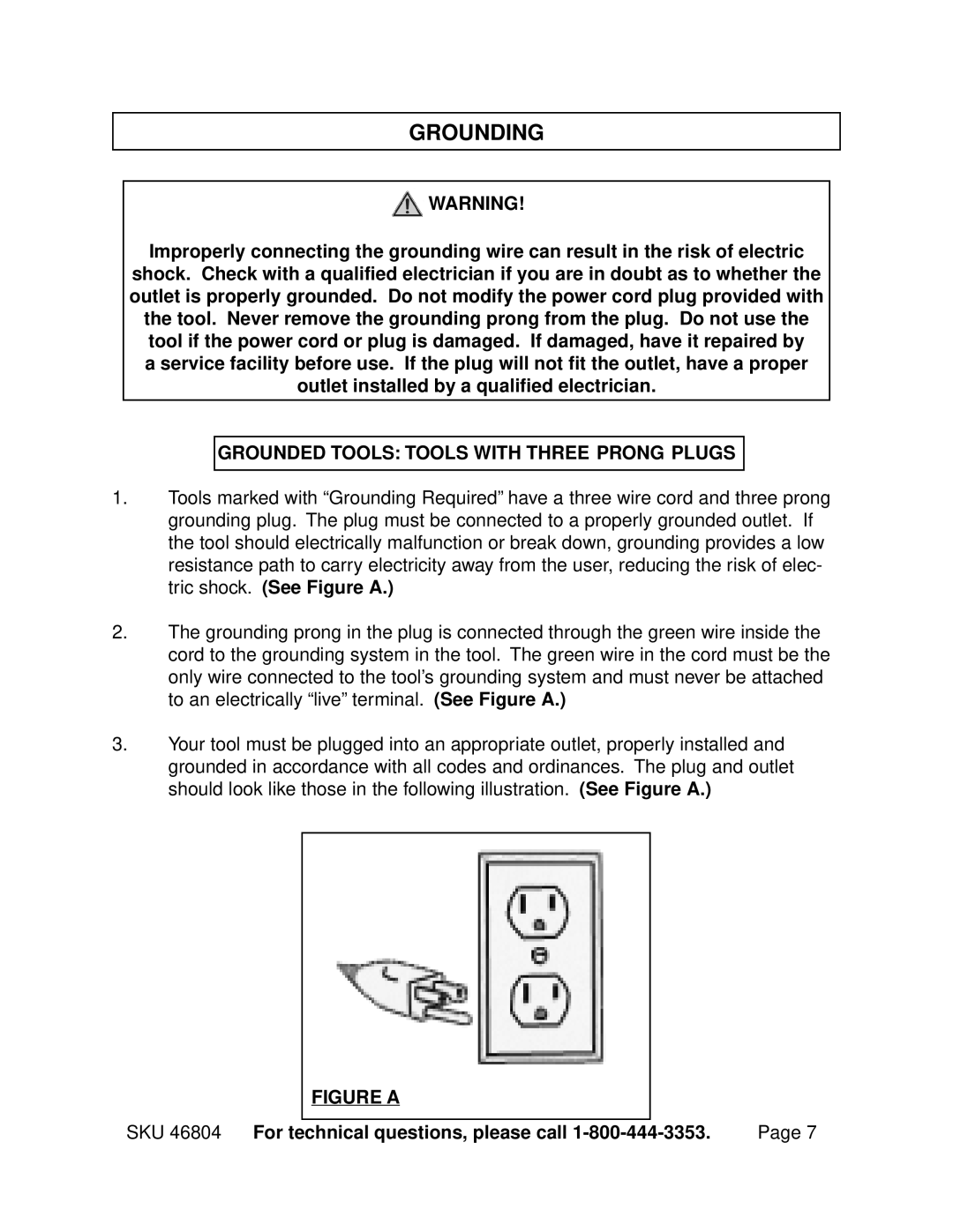 Chicago Electric 46804 operating instructions Grounding, Grounded Tools Tools with Three Prong Plugs 