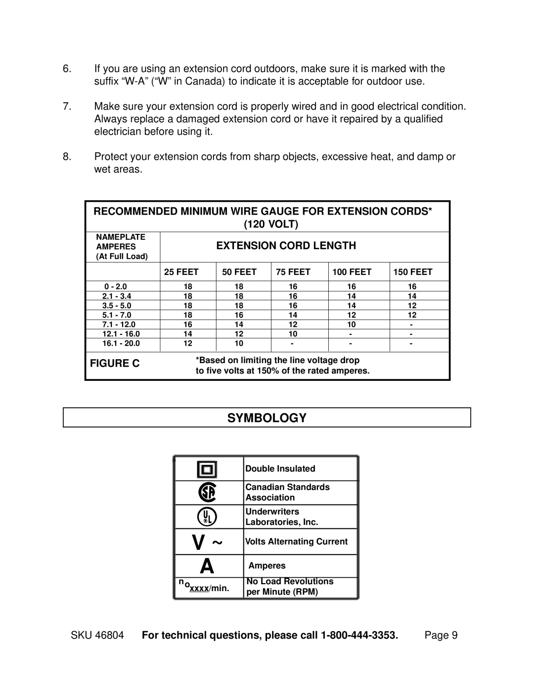 Chicago Electric 46804 operating instructions Symbology, Extension Cord Length 