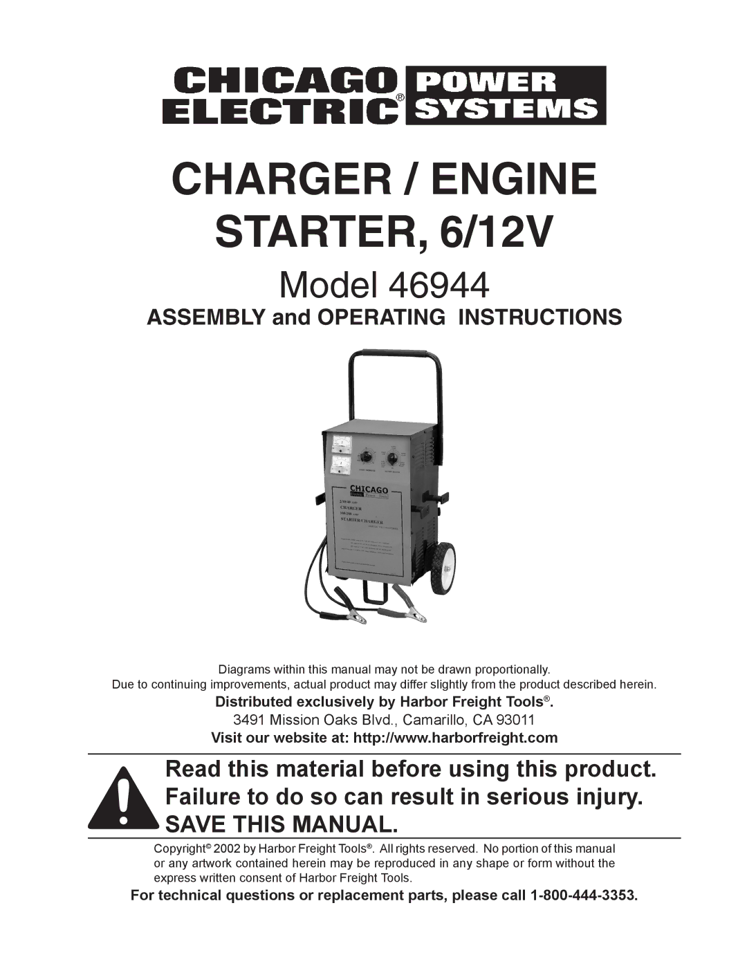 Chicago Electric 46944 operating instructions Charger / Engine STARTER, 6/12V 