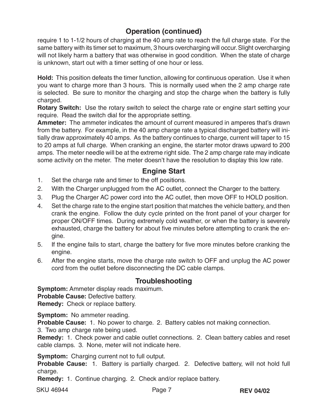 Chicago Electric 46944 operating instructions Engine Start, Troubleshooting 