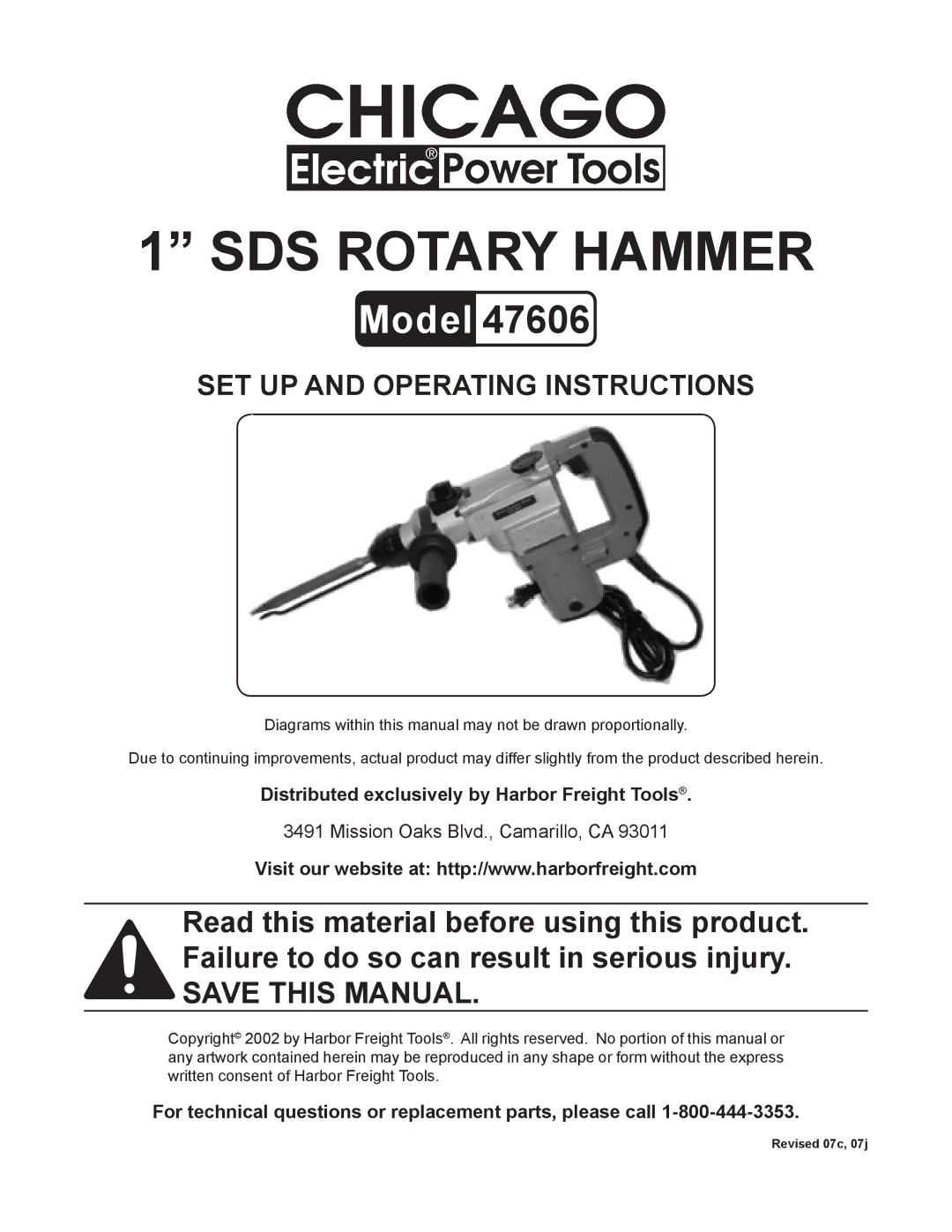 Chicago Electric 47606 operating instructions Distributed exclusively by Harbor Freight Tools 