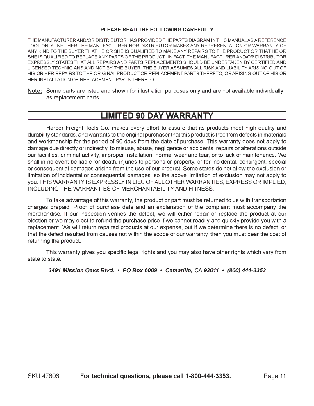 Chicago Electric 47606 operating instructions SKU For technical questions, please call, Please Read the Following Carefully 