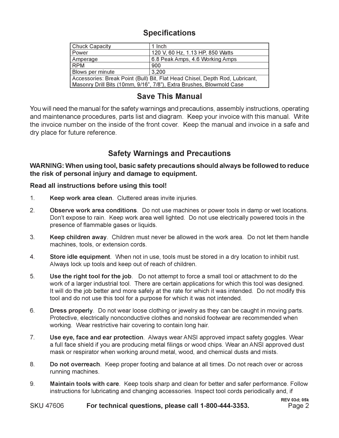 Chicago Electric 47606 operating instructions Specifications, Save This Manual, Safety Warnings and Precautions 