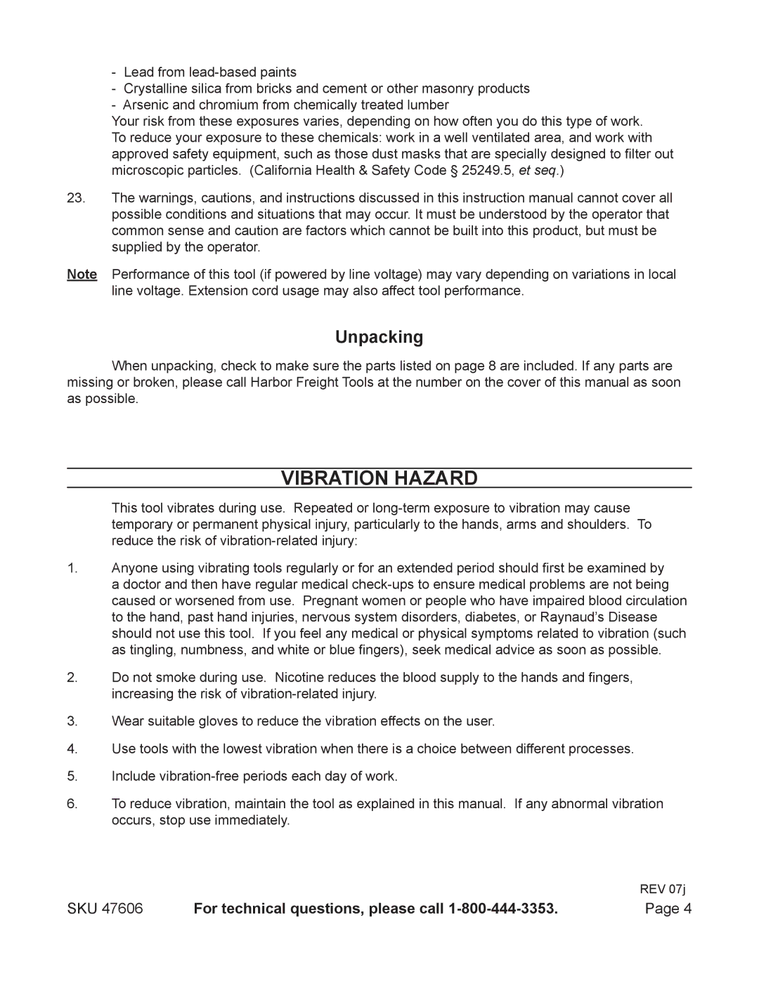 Chicago Electric 47606 operating instructions Vibration Hazard, Unpacking 