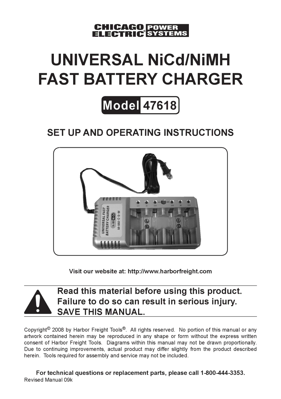 Chicago Electric 47618 operating instructions Universal NiCd/NiMH Fast battery charger 