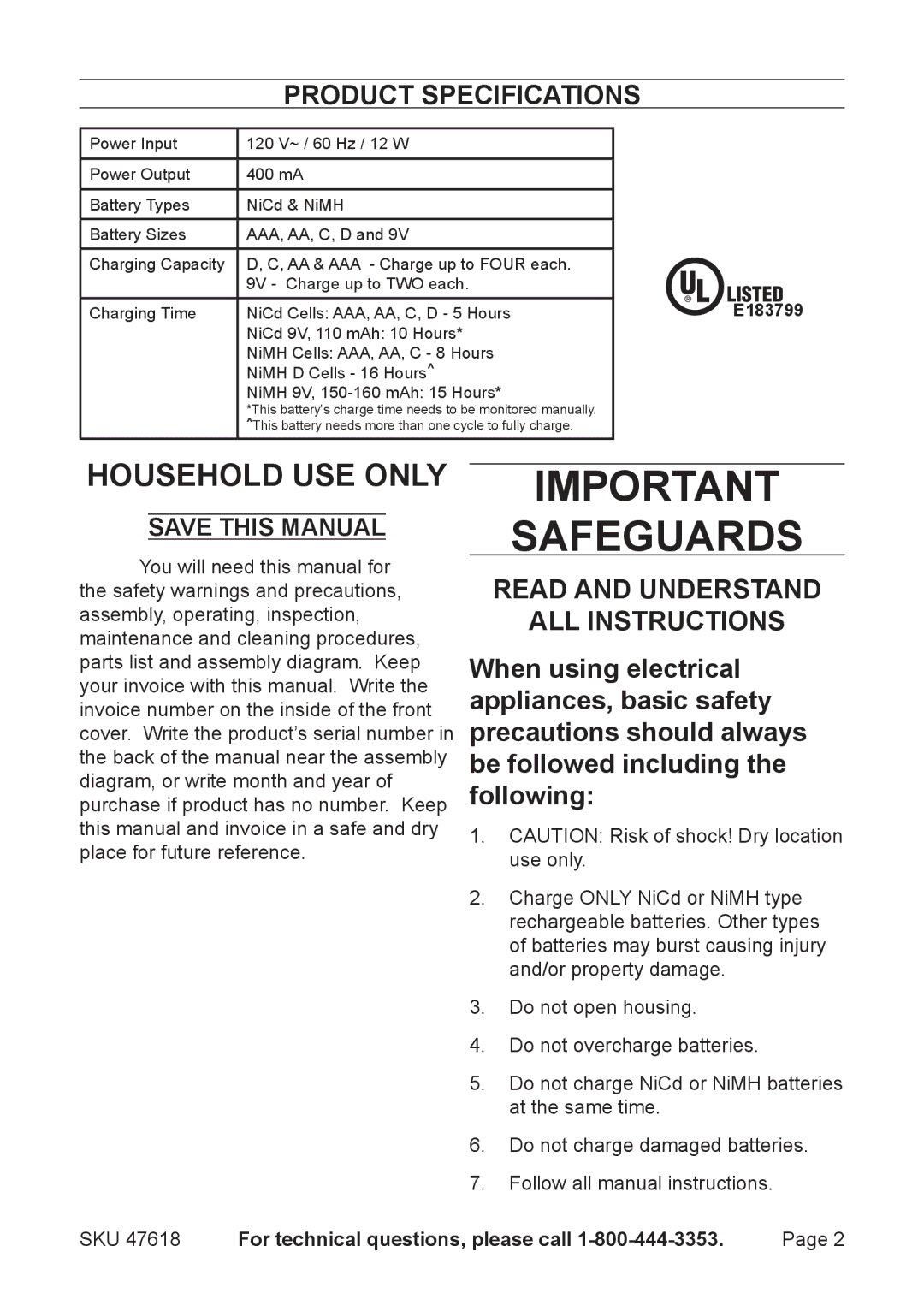 Chicago Electric 47618 operating instructions Safeguards, Product Specifications 