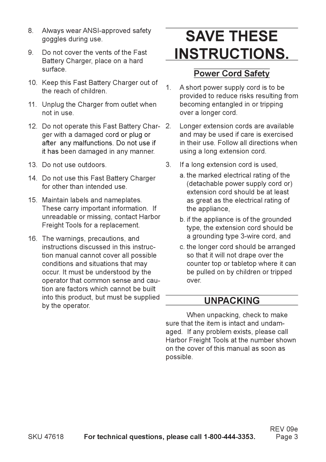 Chicago Electric 47618 operating instructions Save these Instructions, Unpacking 