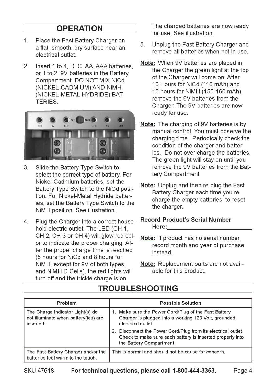 Chicago Electric 47618 operating instructions Operation, Troubleshooting 