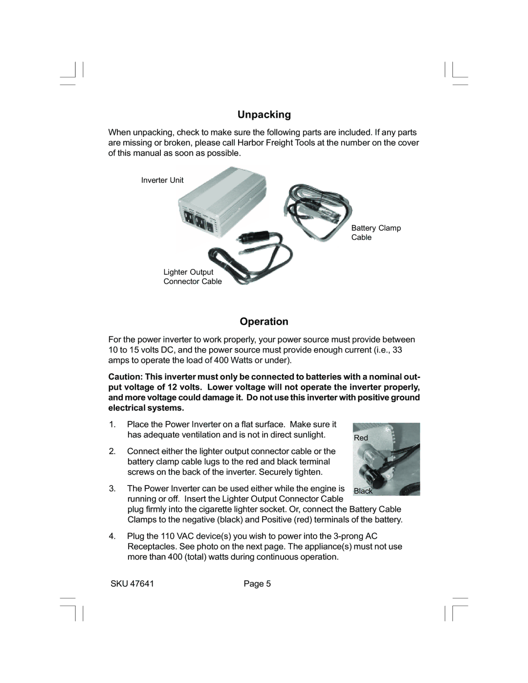 Chicago Electric 47641 operating instructions Unpacking, Operation 