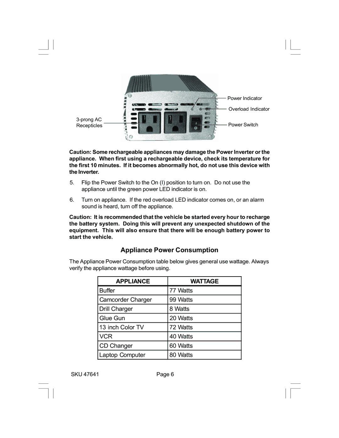 Chicago Electric 47641 operating instructions Appliance Power Consumption 