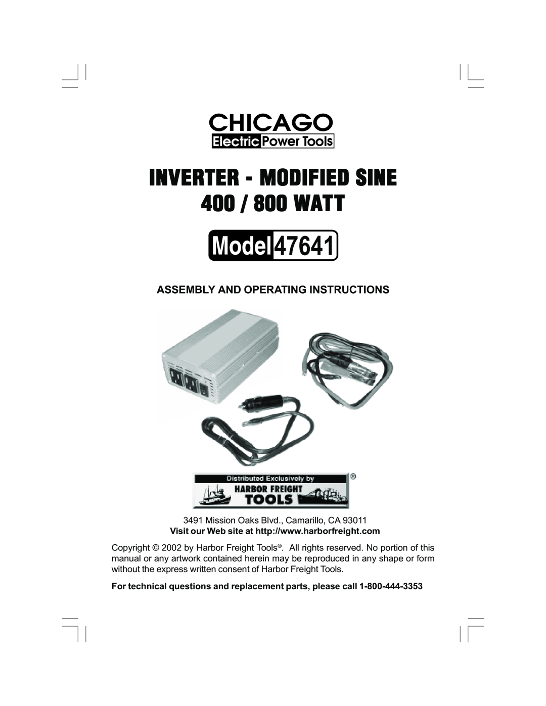 Chicago Electric 47641 operating instructions Assembly And Operating Instructions, INVERTER - MODIFIED SINE 400 / 800 WATT 