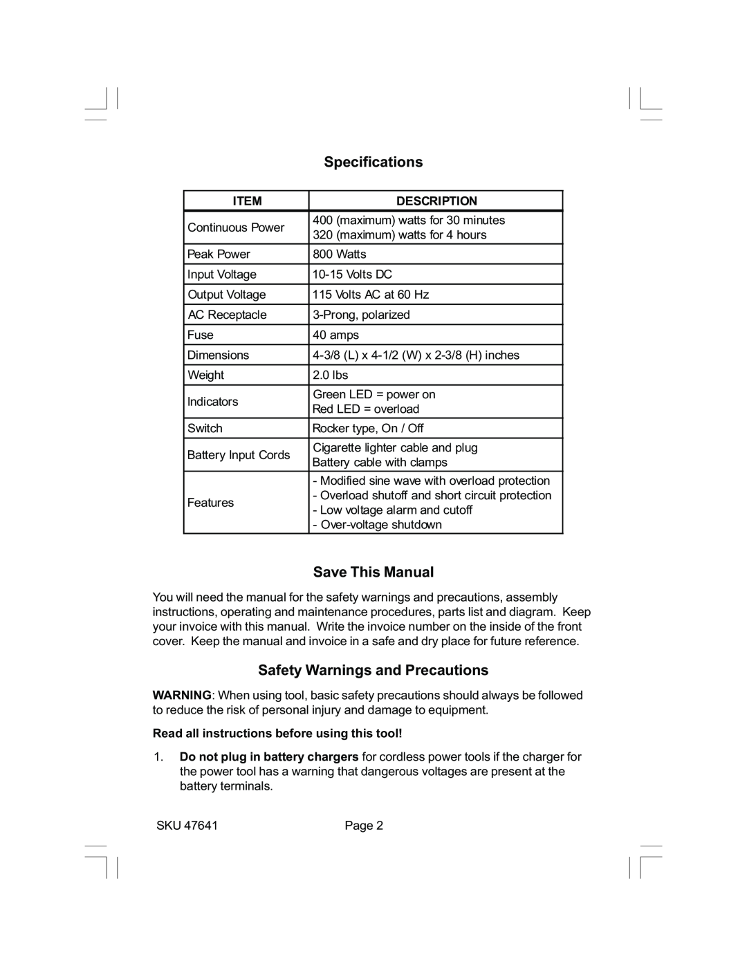 Chicago Electric 47641 operating instructions Specifications Save This Manual, Safety Warnings and Precautions 