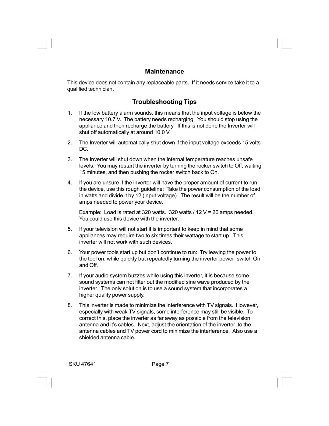 Chicago Electric 47641 operating instructions Maintenance, Troubleshooting Tips 