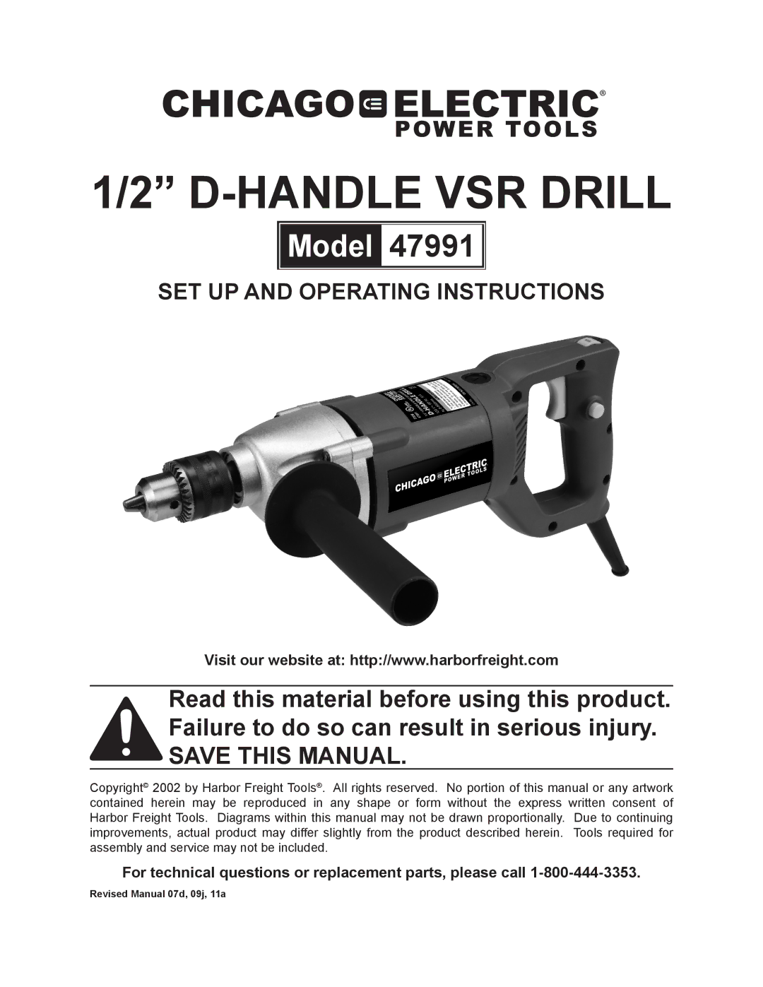 Chicago Electric 47991 operating instructions Handle VSR Drill, For technical questions or replacement parts, please call 