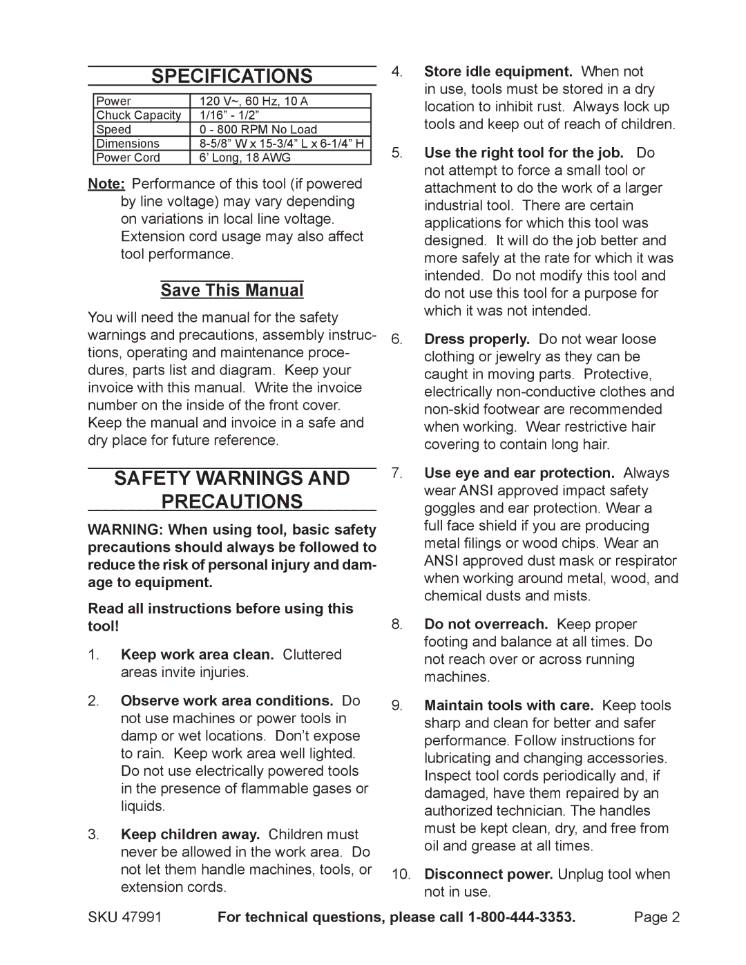 Chicago Electric 47991 Specifications, Safety Warnings Precautions, Save This Manual, For technical questions, please call 