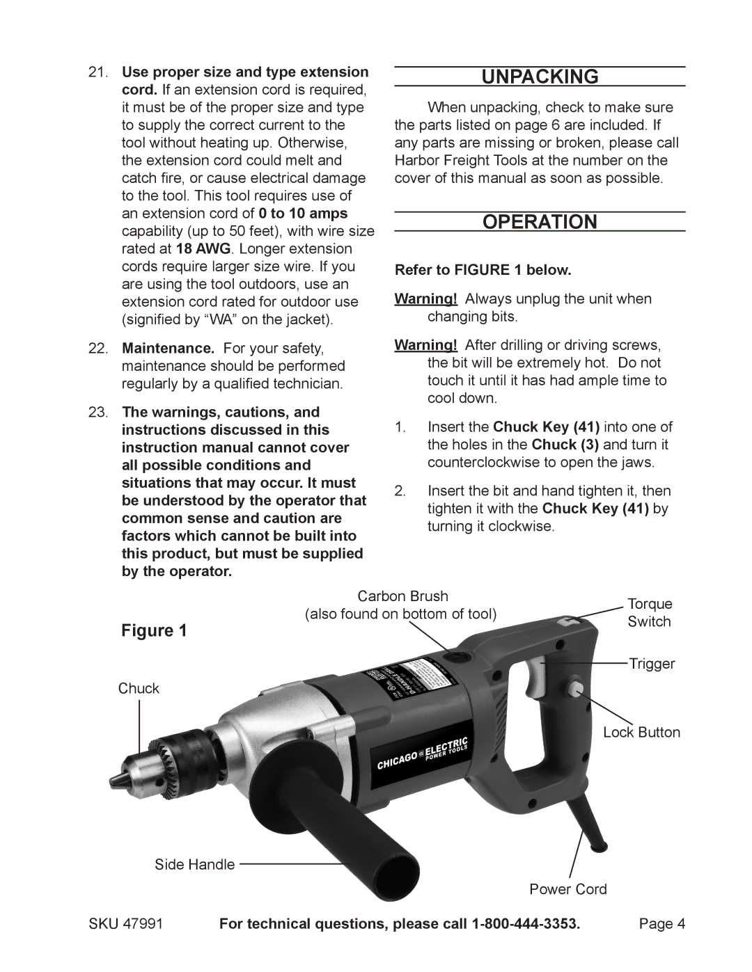 Chicago Electric 47991 operating instructions Unpacking, Operation, Refer to below 