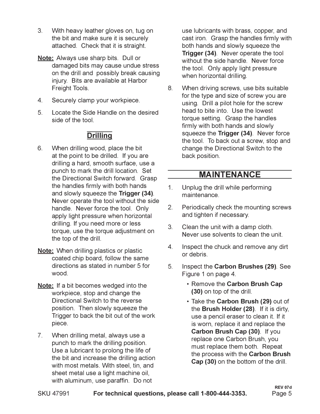 Chicago Electric 47991 operating instructions Maintenance, Drilling 