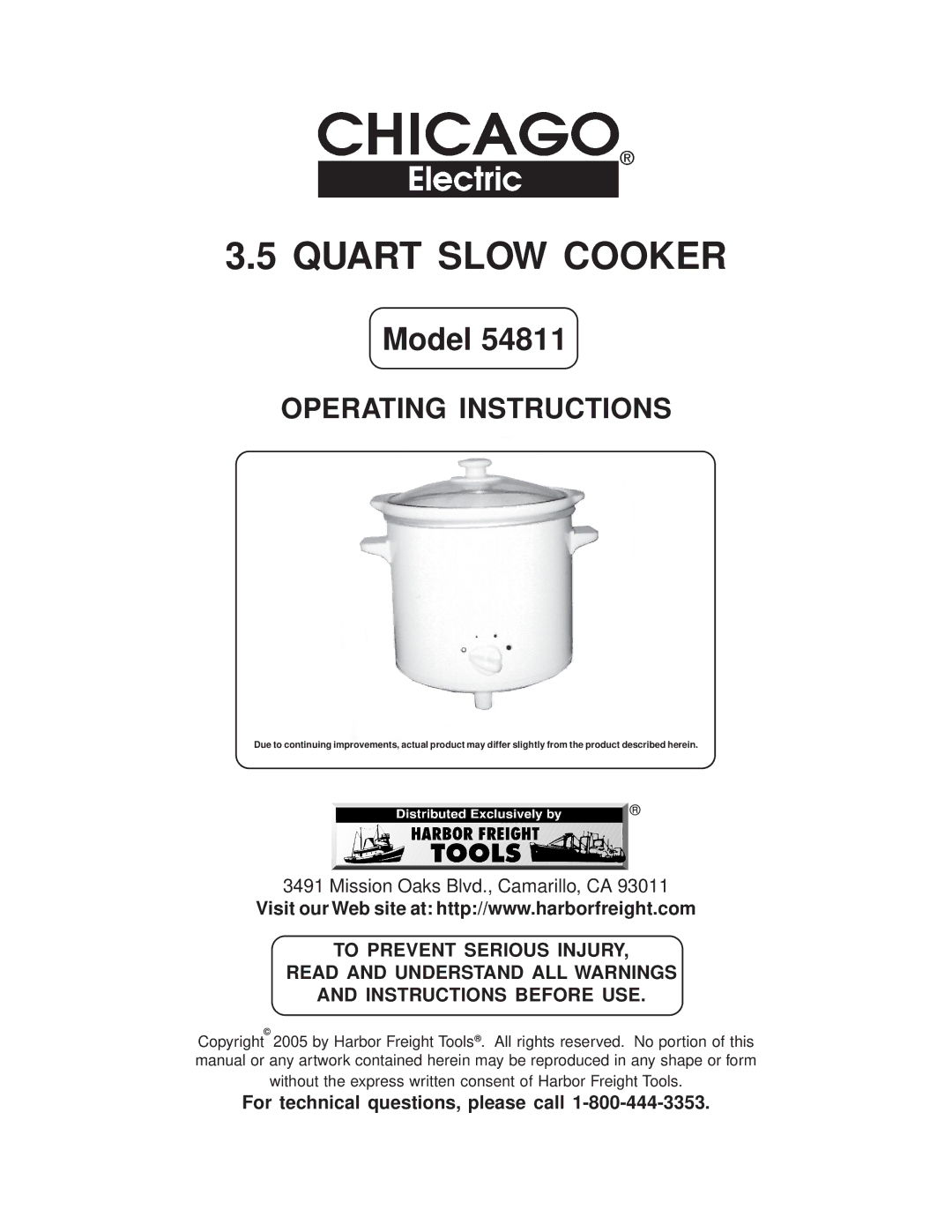 Chicago Electric 54811 manual Quart Slow Cooker 