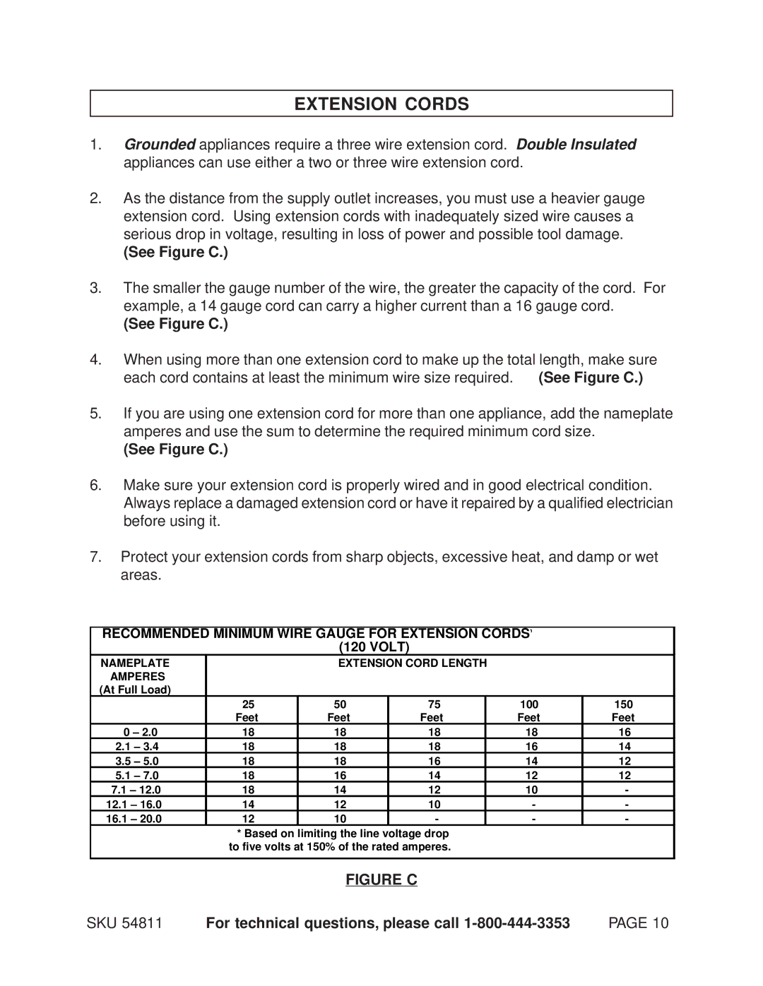 Chicago Electric 54811 manual Extension Cords, Figure C 