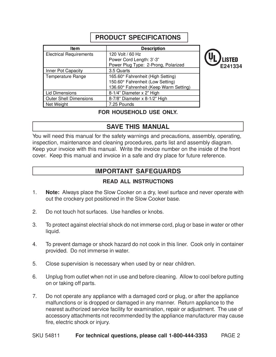 Chicago Electric 54811 manual Product Specifications, Save this Manual, Important Safeguards, For Household USE only 