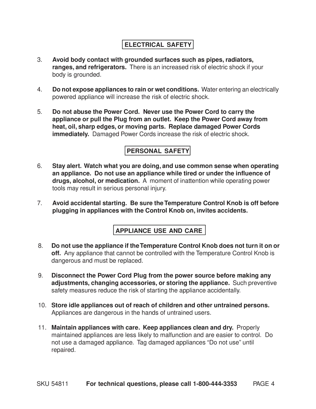 Chicago Electric 54811 manual Electrical Safety, Personal Safety, Appliance USE and Care 