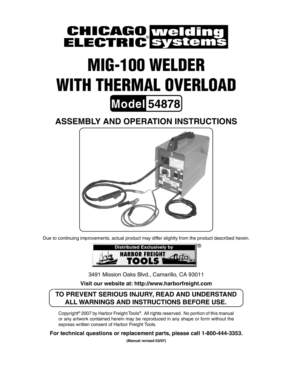 Chicago Electric 54878 manual MIG-100 Welder With Thermal Overload 