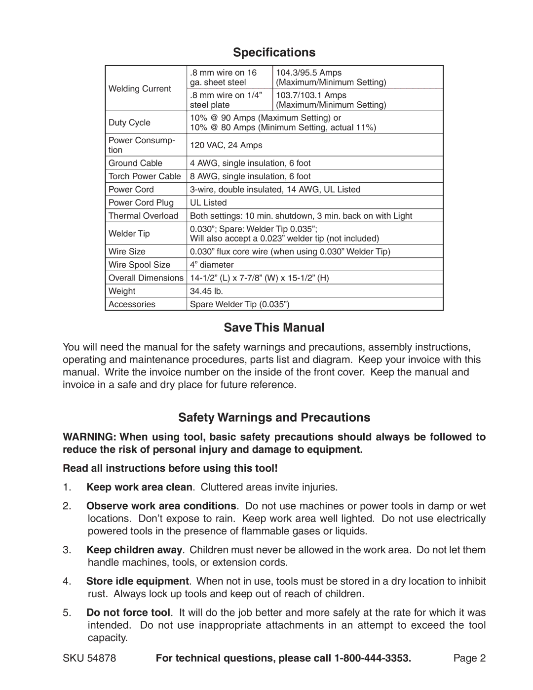 Chicago Electric 54878 manual Specifications, Save This Manual, Safety Warnings and Precautions 