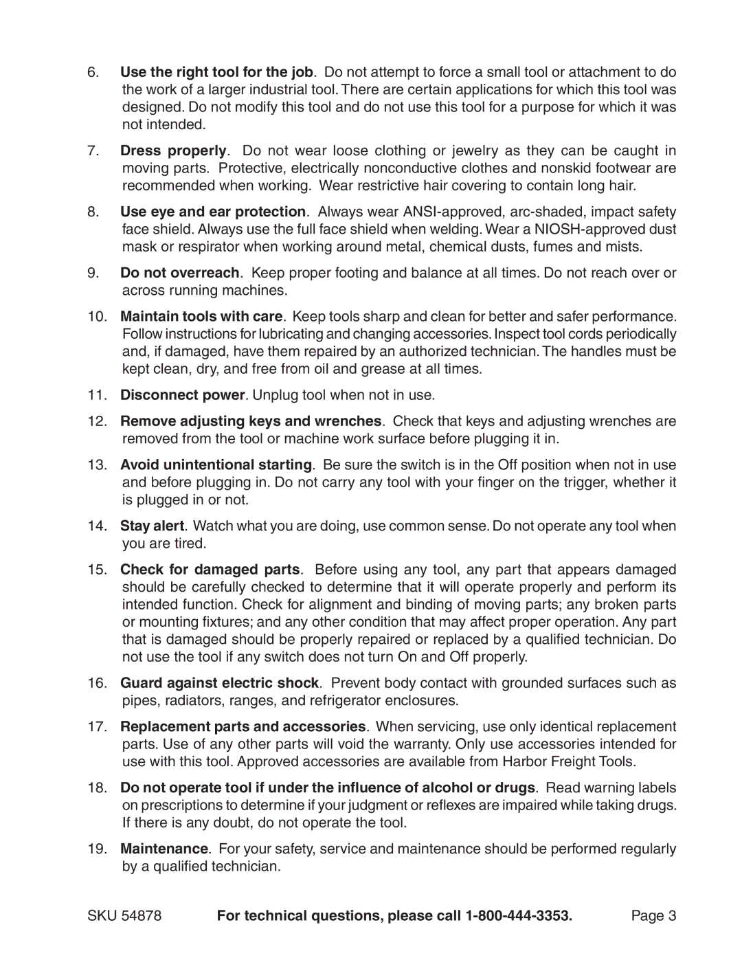 Chicago Electric 54878 manual SKU For technical questions, please call 