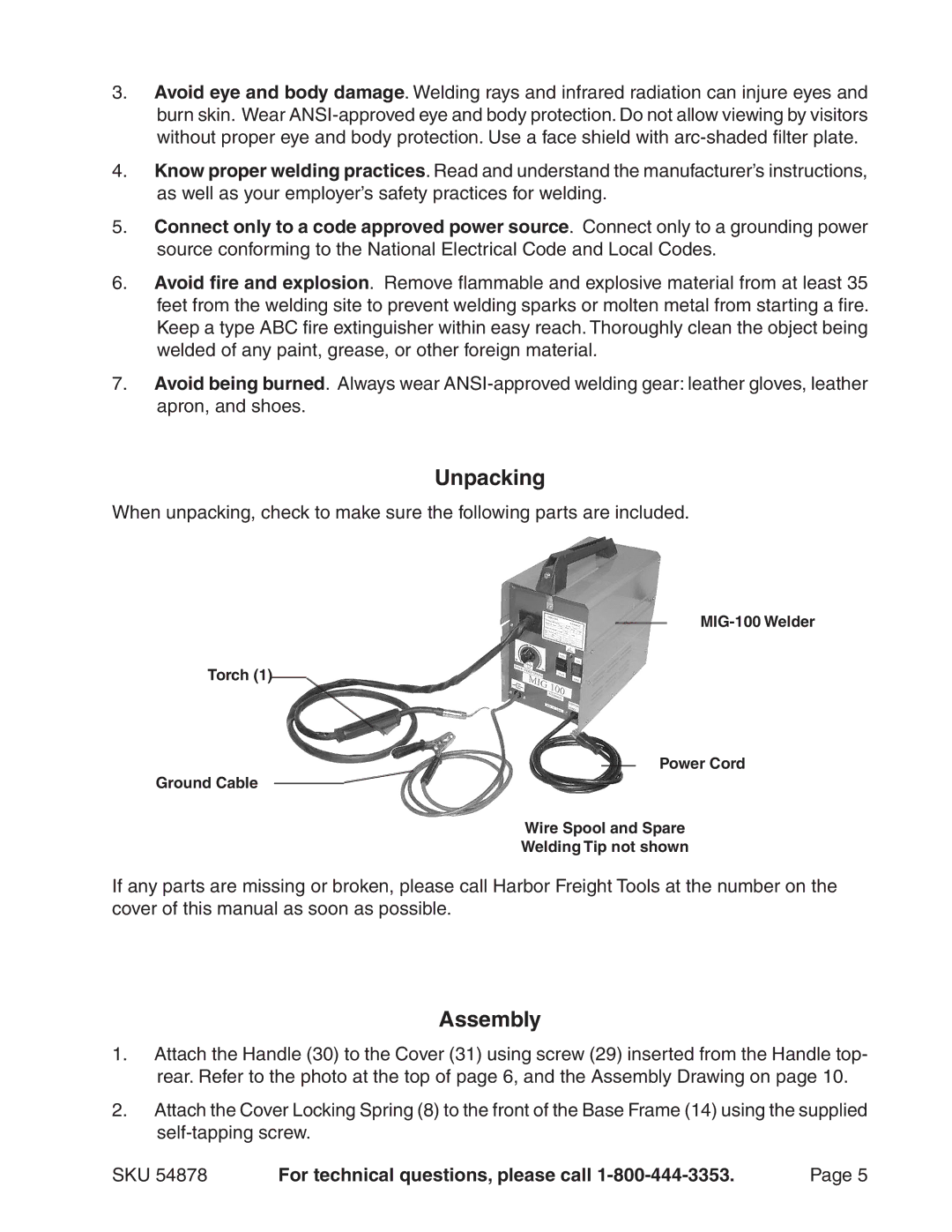 Chicago Electric 54878 manual Unpacking, Assembly 